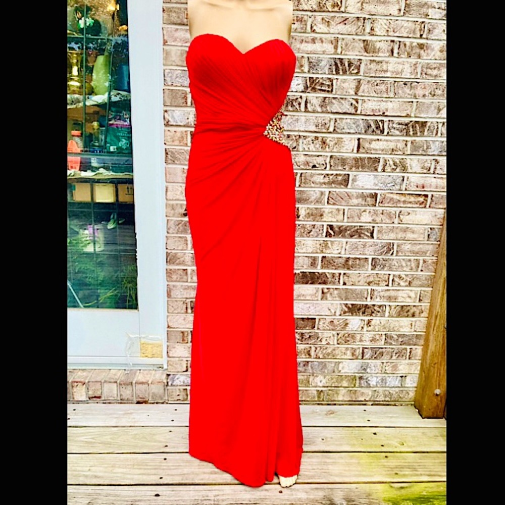 Y2K La Femme Red Sparkle Rhinestone Strapless Pageant Formal Prom Dress